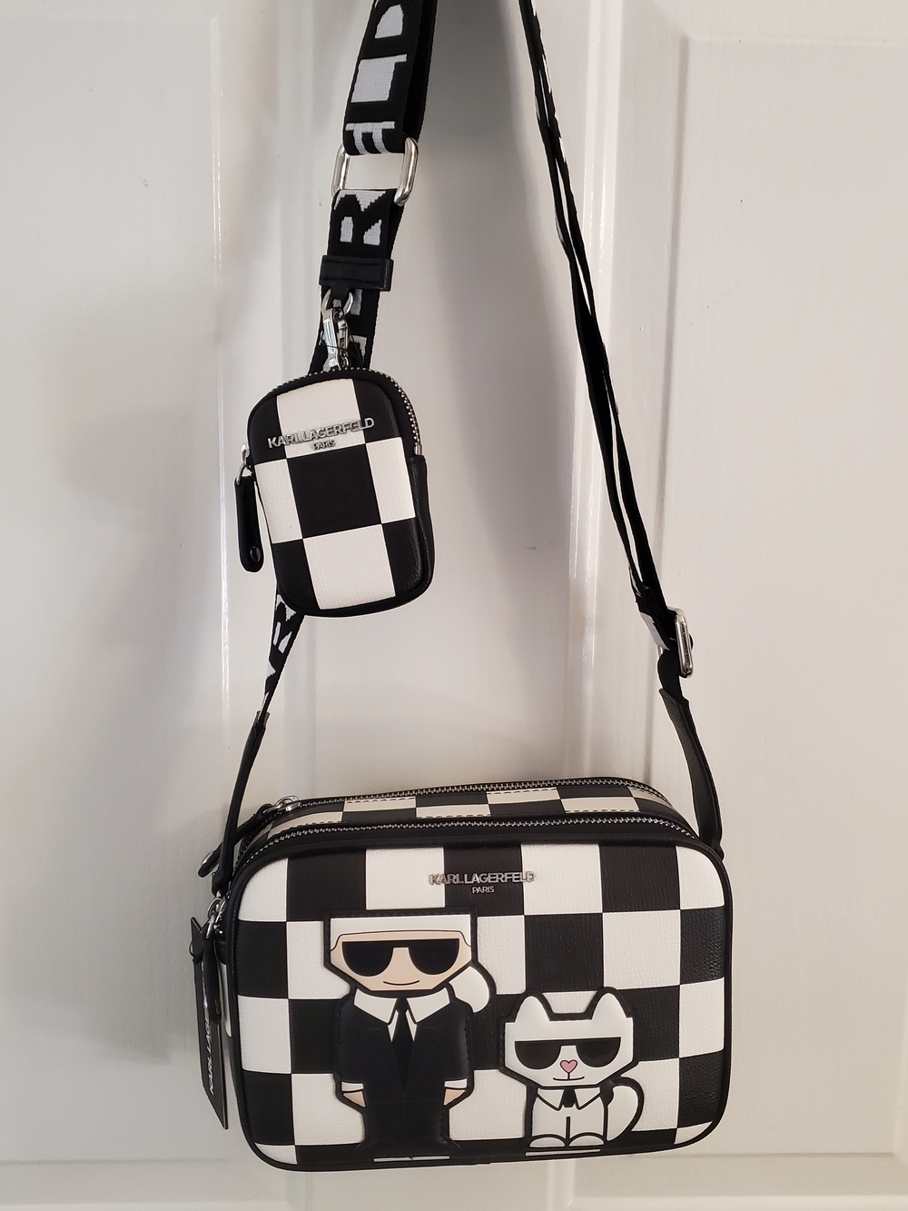NWT Karl Lagerfeld Black and White Checker Crossbody with Character Appliqués